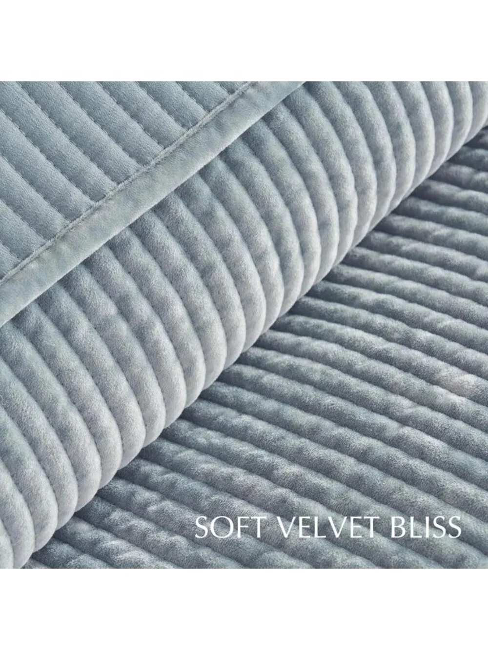 Queen Size Striped Velvet Quilt Set - Soft Blue Linen Bedding for Cozy Comfort